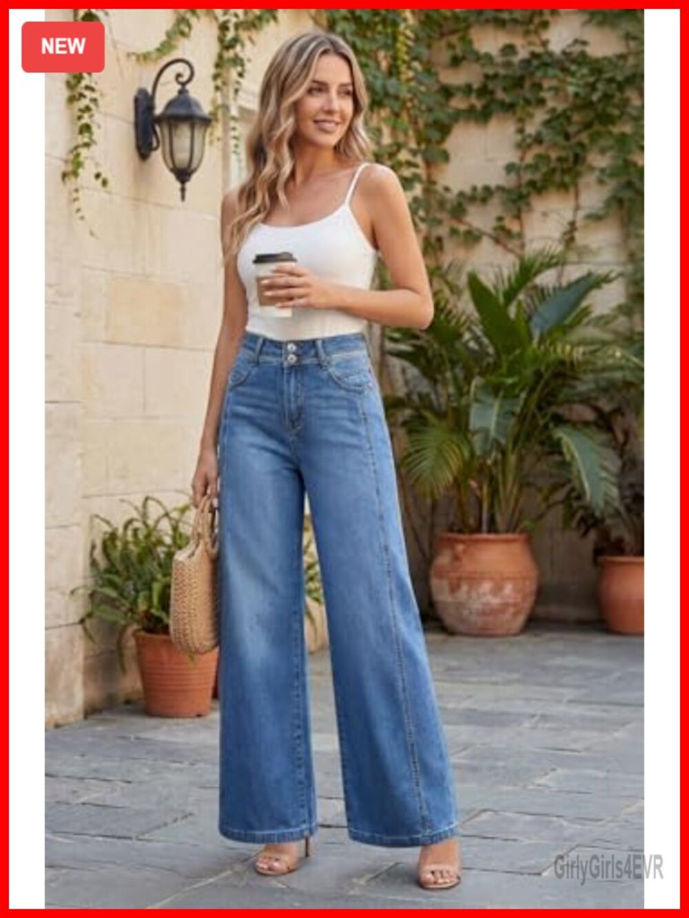 Cotton Blend High Rise Wide Leg Stretchy Denim Jeans with Contrast Seams - Picture 4 of 7